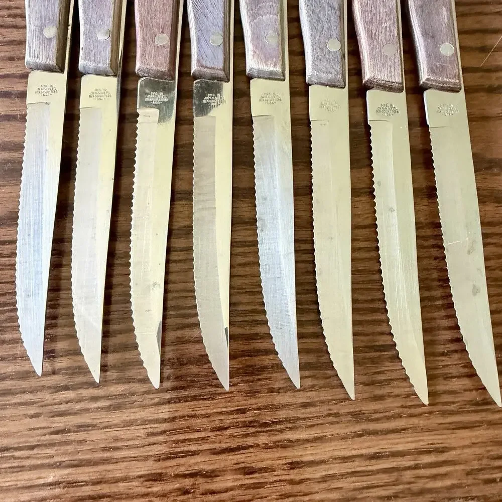Vtg Japan Serrated Stainless‎ Steel Steak Knives Wood Set Of 8 USA